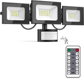 Triple LED flood light with motion sensor and remote control on a white background